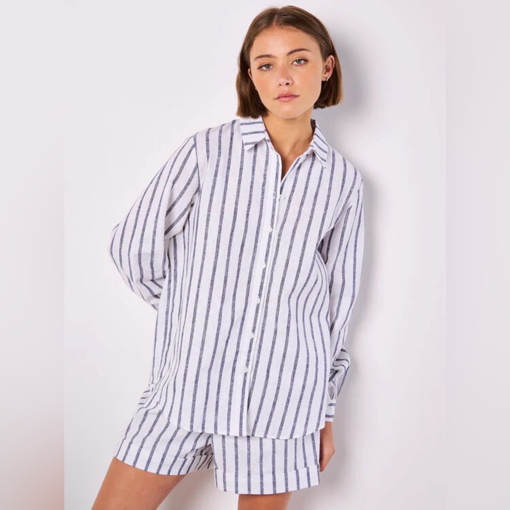 APRICOT 🍑- Striped Button-Up Shirt Dress in White and Navy